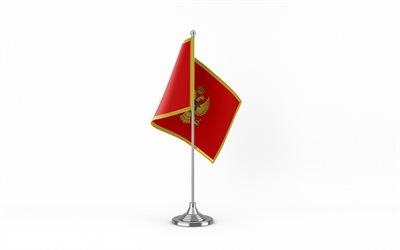 4k, bandiera da tavolo montenegro, sfondo bianco, bandiera del montenegro, bandiera da tavolo del montenegro, bandiera del montenegro sul bastone di metallo, simboli nazionali, montenegro, europa