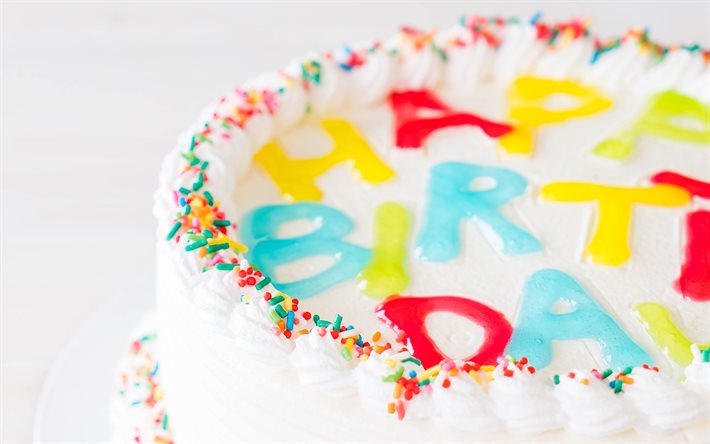 buon compleanno, 4k, torta di compleanno, lettere sulla torta, dolci, torta con crema bianca, sfondo di buon compleanno, concetti di compleanno, sfondo per biglietto di auguri di compleanno