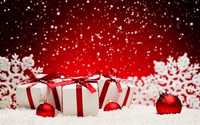 علب الهدايا البيضاء, 4k, أقواس حمراء, سنة جديدة سعيدة, زينة عيد الميلاد, عيد الميلاد, كرات عيد الميلاد الحمراء, هدايا عيد الميلاد, علب هدايا, الهدايا