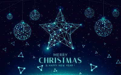 Merry Christmas, 4k, blue lines neon christmas decoration, Happy New Year, digital art, blue technology christmas background, Christmas greeting card