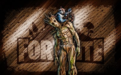 Groot with Rocket Fortnite, 4k, brown diagonal background, grunge art, Fortnite, artwork, Groot with Rocket Skin, Fortnite characters, Groot with Rocket, Fortnite Groot with Rocket Skin