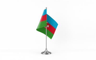 4k, bandiera da tavolo dell'azerbaigian, sfondo bianco, bandiera dell'azerbaigian, bandiera dell'azerbaigian sul bastone di metallo, simboli nazionali, azerbaigian, europa