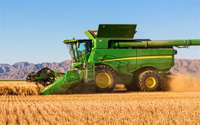 John Deere S780, 4k, HDR, wheat harvesting, 2020 harvesters, agricultural machinery, green combine, 2020 John Deere S780, green harvest, agricultural concepts, John Deere