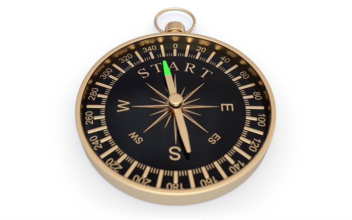 Start concepts, 4k, 3d metal compass, arrow to start, startup concepts, business, start, 3d compass