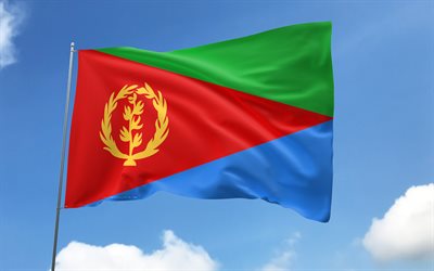 bandeira da eritreia no mastro, 4k, países africanos, céu azul, bandeira da eritreia, bandeiras de cetim onduladas, símbolos nacionais da eritreia, mastro com bandeiras, dia da eritreia, áfrica, eritreia