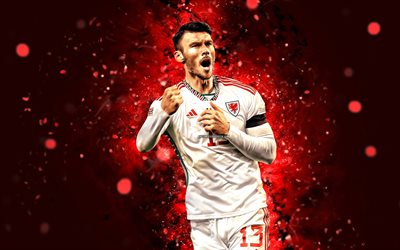 Kieffer Moore, 4k, red neon lights, Wales National Football Team, soccer, footballers, red abstract background, Welsh football team, Kieffer Moore 4K