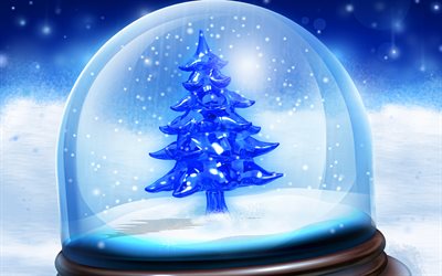 4k, albero di natale in pallone, palline di natale blu, cumuli di neve, decorazioni natalizie, albero di natale 3d, buon anno, alberi di natale, albero di natale