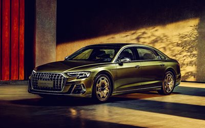 2022, Audi A8L Horch, front view, exterior, luxury sedan, green Audi A8L, German cars, Audi