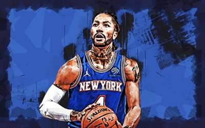 4k, Derrick Rose, grunge art, New York Knicks, NBA, basketball, Derrick Rose 4K, blue grunge background, Derrick Rose New York Knicks