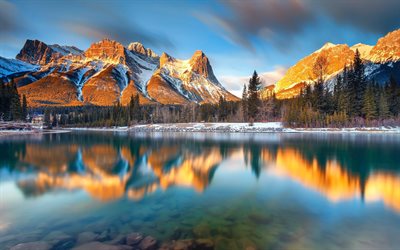 talvi, auringonlasku, canmore-järvi, heijastus, alberta, kanada