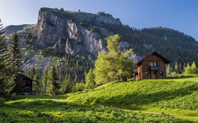 house, mountains, summer, Alps, Valais, Switzerland