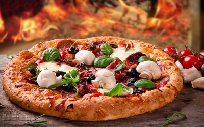 Pizza avec des champignons, restauration rapide, pizza, champignons
