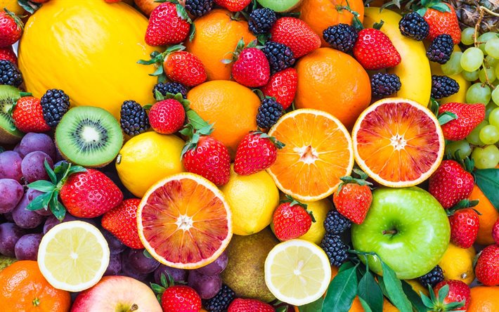 fruits, berries, strawberries, oranges, kiwi, apples, melon, grapes