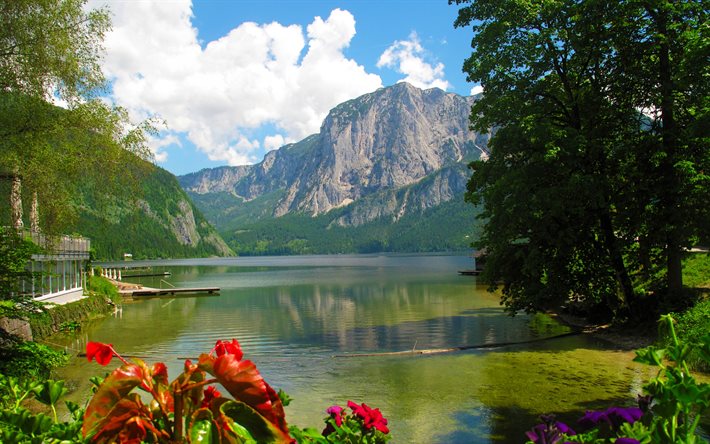 altauszeer 호수, 산, 여름, 부두, 오스트리아
