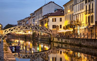Milan, pont, canal, ville de soirée, Italie
