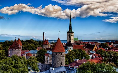 Tallin, el verano, el panorama, las nubes, la torre, HDR, Estonia