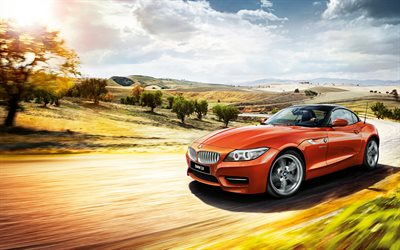 la carretera, la velocidad, 2015, BMW Z4, E89, en movimiento, naranja z4, BMW