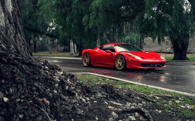 supercar, la pioggia, la Ferrari 458 Italia, strada, rosso 458 Italia, Ferrari