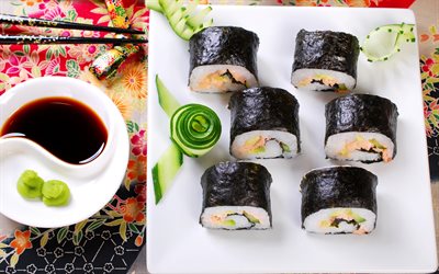 Japanese cuisine, sushi, rolls, serving seafood, wasabi