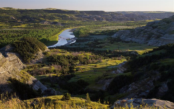 valle, fiume, verde, campi, foreste, colline, USA, Tramonto, Theodore Roosevelt National Park