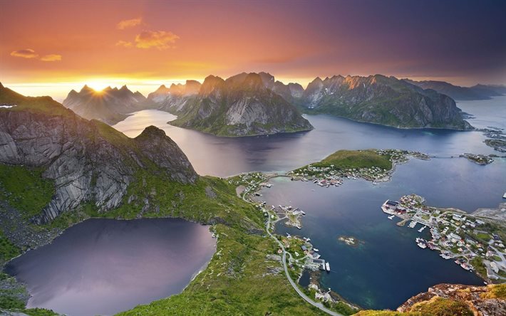 Norveç, dağlar, deniz, göl, şehir, Gün batımı