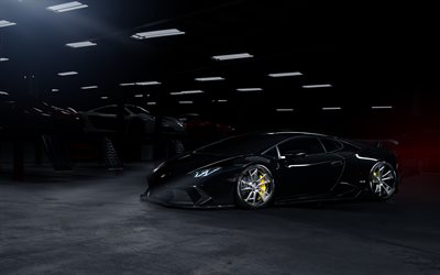 supercars, aparcamiento, 2016, Lamborghini Huracan, LP610-4, garaje, negro Huracan, Lamborghini