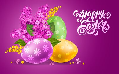 La pascua, fondo púrpura, huevos de pascua en 3d de pascua decoración, lila, primavera