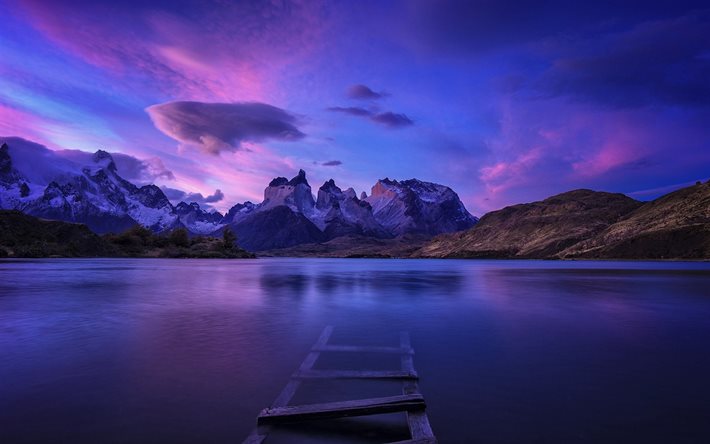 Patagonia, panorama di sera, Cile, montagna, lago