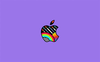 apple abstarctロゴ, 4k, ミニマリズム, クリエイティブ, バイオレットの背景, アップルロゴ, アートワーク, りんご
