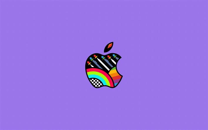 apple abstarct  logo, 4k, minimalismi, luova, violetti tausto, apple  logo, taideteos, omena