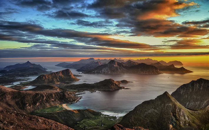 चट्टानों, द्वीप, तट, सूर्यास्त, प्रशंसा indene, Lofoten द्वीप समूह, नॉर्वे