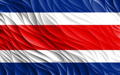 4k, 코스타리카 국기, 물결 모양의 3d 플래그, 북미 국가, 코스타리카의 국기, 코스타리카의 날, 3d 파도, 코스타리카 국가 상징, 코스타리카