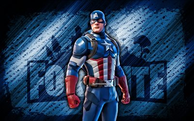 캡틴 아메리카 포트나이트, 4k, 파란색 대각선 배경, 그런지 아트, 포트나이트, 삽화, 캡틴 아메리카 스킨, 포트나이트 캐릭터, 캡틴 아메리카, 포트나이트 캡틴 아메리카 스킨