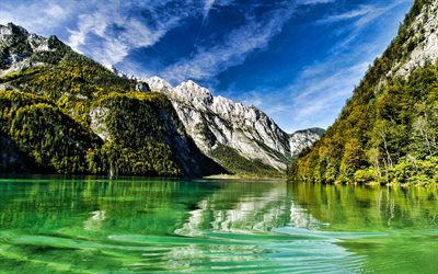 konigssee, lago de montanha, o parque nacional de berchtesgaden, lago glacial, paisagem de montanha, alpes, montanhas, berchtesgadener land, baviera, alemanha