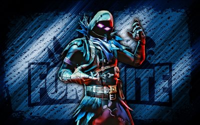 Raven Fortnite, 4k, blue diagonal background, grunge art, Fortnite, artwork, Raven Skin, Fortnite characters, Raven, Fortnite Raven Skin