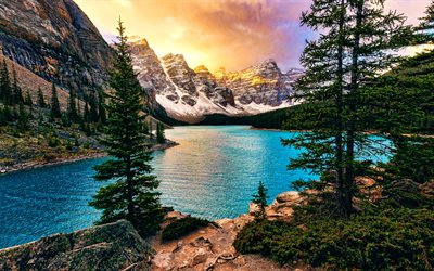 el lago moraine, 4k, puesta de sol, montañas, lagos azules, parque nacional de banff, canadá, alberta, banff, monumentos canadienses