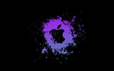apple violetti logo, 4k, minimalismi, luova, violetteja grunge roiskeita, apple grunge  logo, applen logo, taideteos, omena