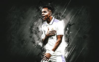 Rodrygo Goes, Real Madrid, Brazilian footballer, striker, Rodrygo, portrait, white stone background, La Liga, Real Madrid cf, football
