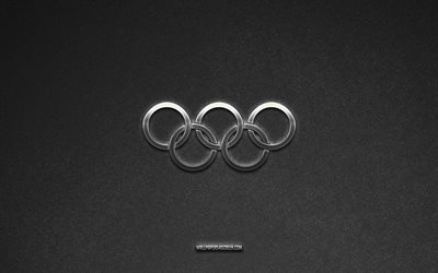 olympische ringe, sport, grauer steinhintergrund, emblem der olympischen ringe, beliebte logos, olympische spiele, metallschilder, olympische ringe aus metall, steinstruktur, olympische symbole