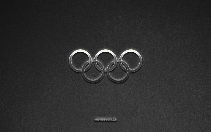 anelli olimpici, gli sport, sfondo di pietra grigia, emblema degli anelli olimpici, loghi popolari, olimpiadi, segni di metallo, anelli olimpici in metallo, trama di pietra, simboli olimpici