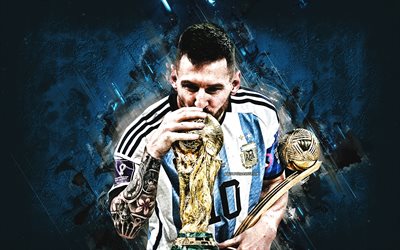 lionel messi, nazionale di calcio dell'argentina, coppa del mondo 2022, qatar 2022, messi con la coppa, calcio, argentina, sfondo di pietra blu