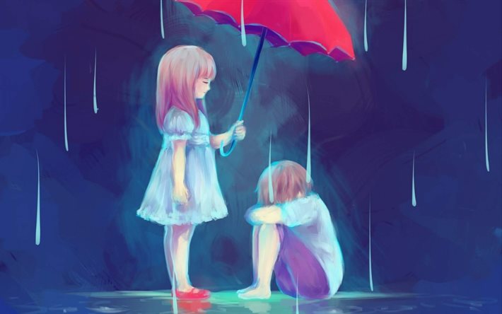 子ども, 雨, 傘, 男の子, 女の子