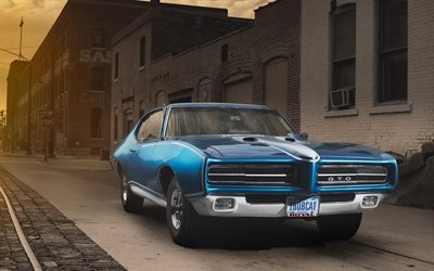 Pontiac GTO, road, muscle cars, blue pontiac
