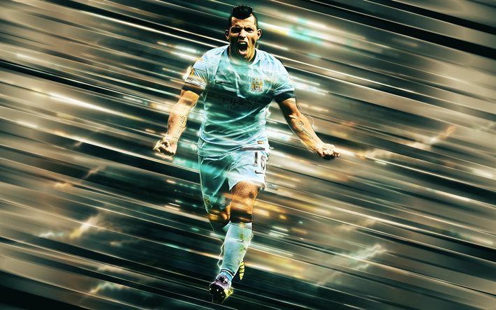 Sergio Aguero, 4k, Manchester City FC, striker, Argentinian footballer, art, England, football, Man City