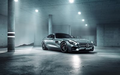 Mercedes-AMG GT S, parcheggio, parcheggio gratuito, 2018 autovetture, supercar, grigio Mercedes, auto tedesche, hypercars, Mercedes