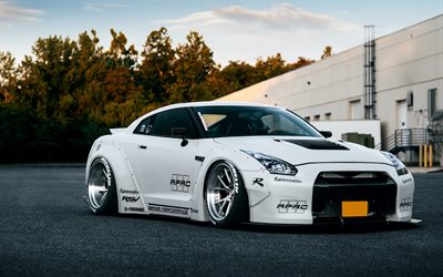Nissan GT-R, road, R35, tuning, supercars, stance, white GT-R, japanese cars, Nissan