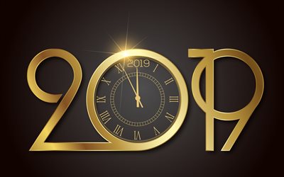 2019 concetti, orologio d'oro, Nuovo Anno, a mezzanotte, a lettere d'oro, 2019 anno