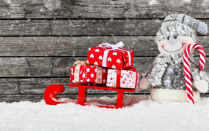 weihnachten, schneemann, winter, schnee, schlitten mit geschenken, rot schlitten, dekoration, neues jahr