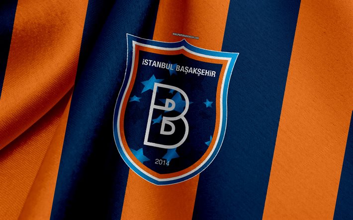 Basaksehir, Turkish football team, orange blue flag, emblem, fabric texture, logo, Istanbul, Turkey