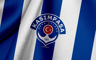 Kasimpasa, turc de l'équipe de football, blanc, bleu, drapeau, emblème, texture de tissu, logo, Istanbul, Turquie